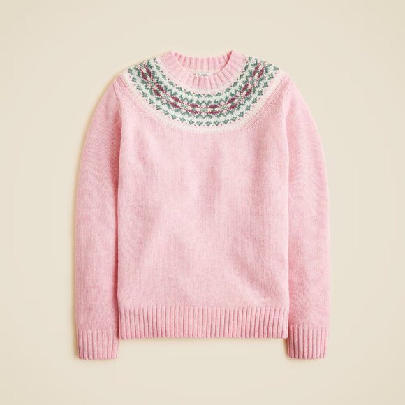 NWT J.Crew Men's Fair Isle–Yoked Sweater in Heather Peony Pink Wool Pullover L